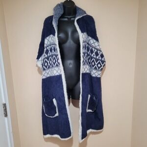Pinkiilicious Blue Fair Isle Hooded Poncho Cape Cardigan Sweater M L oversized